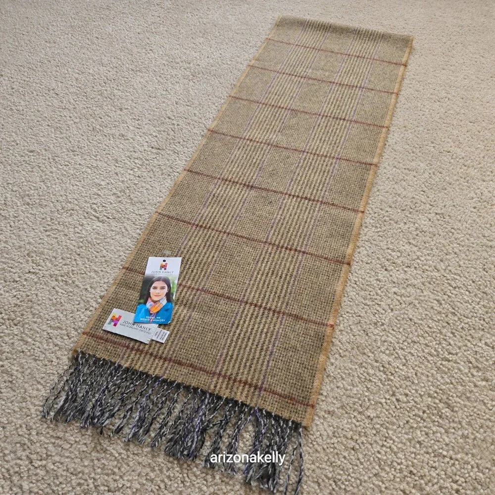 NWT John Hanly Lambswool Tan Plaid Scarf